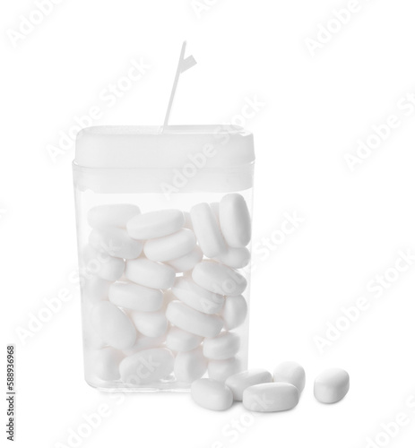 Tasty mint dragee candies with box on white background