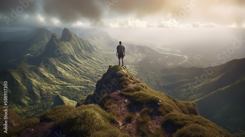 Hiker standing on top of mountain peak looking at view created with Generative AI