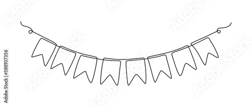 Garland bunting with flags in one continuous line drawing. Birthday and jubilee party decoration in simple linear style. Festoon for carnival and festivals. Editable stroke. Black contour vector