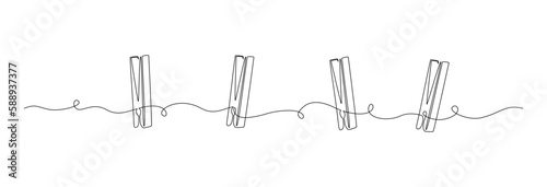 Wooden clothespin in one continuous line drawing. Clothesline with pin and peg for photo album and laundry web design concept in simple linear style. Editable stroke. Doodle outline vector