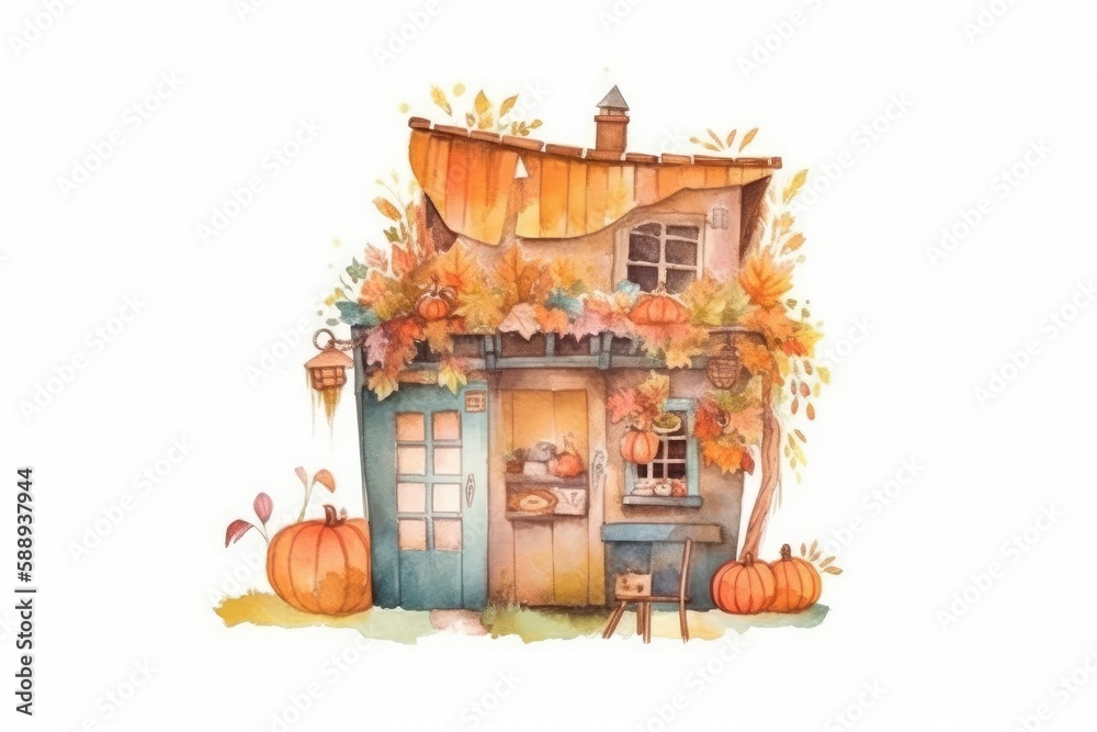 charming house surrounded by vibrant pumpkins in a watercolor painting. Generative AI