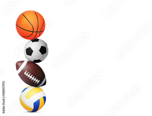 Stack of different sport balls on white background