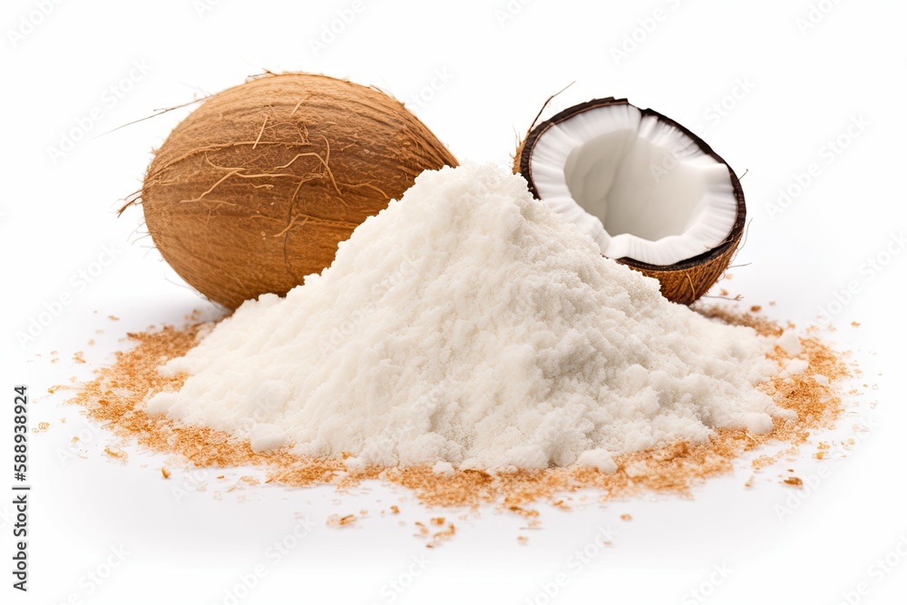 whole coconut and powdered coconut on a plain white background. Generative AI - obrazy, fototapety, plakaty 