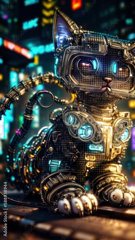 Cybor cat in the city background. Generative AI