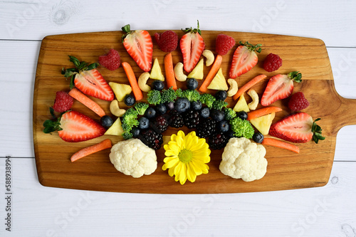Fresh fruit and veggies styled on butcher block, top down food arrangement