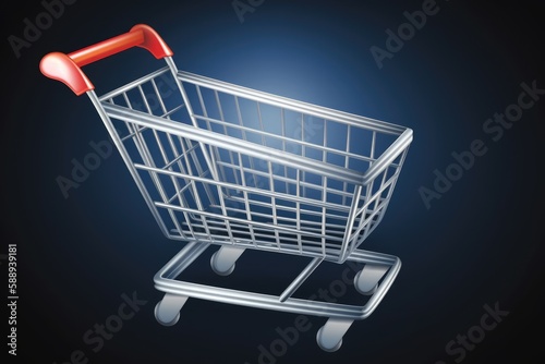 silver shopping cart with a red handle on a white background. Generative AI