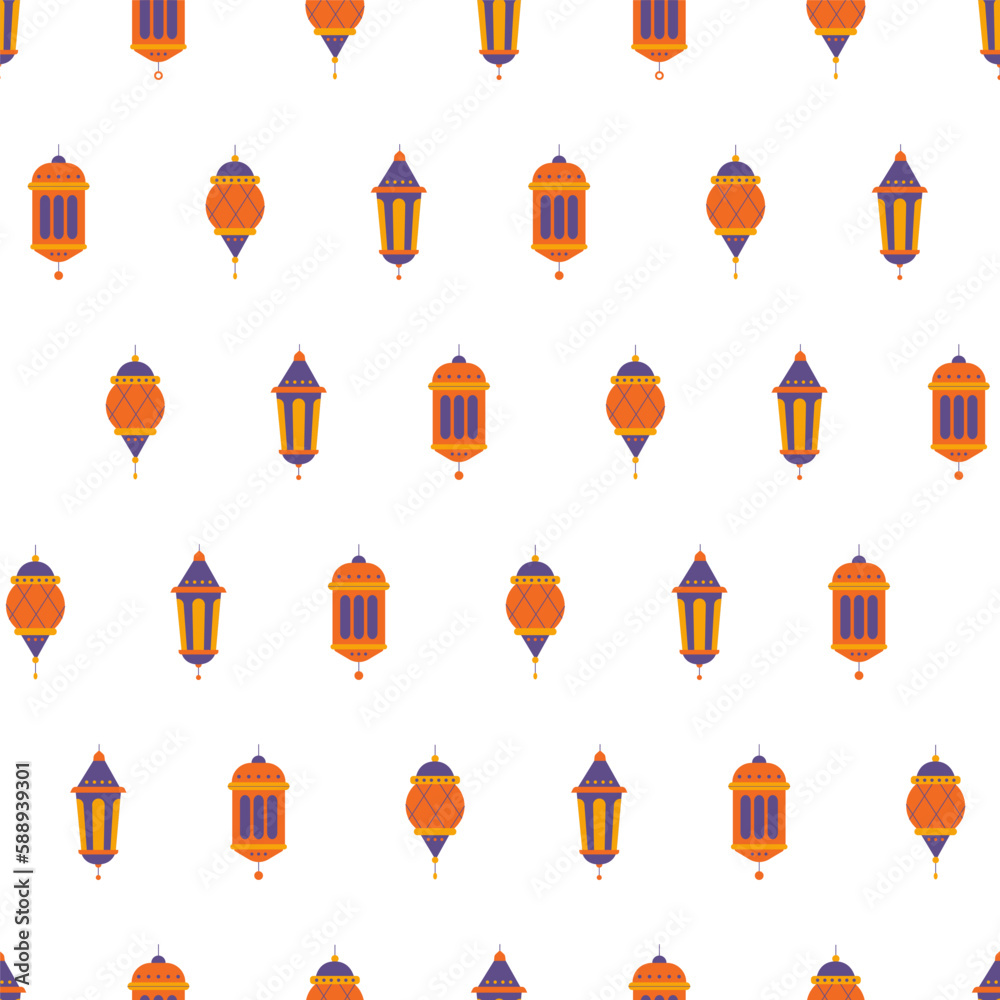 Seamless pattern with Eid Al Fitr holida ylantern lamps. Eid Mubarak symbols vector illustration background.