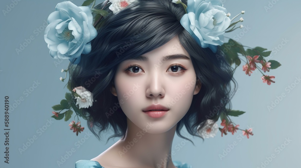 花と女性の美容イメージ（コスメ・エステ・髪の毛・美容室・ヘアケア・Generative AI）
