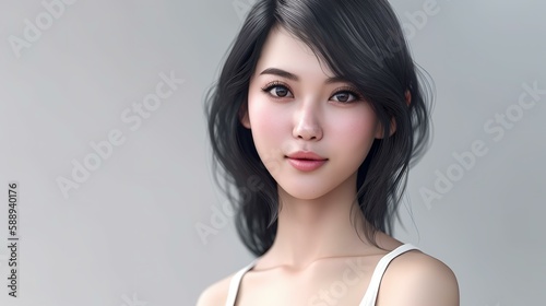 黒髪ミディアムヘアのアジア人女性の顔（Generative AI） 