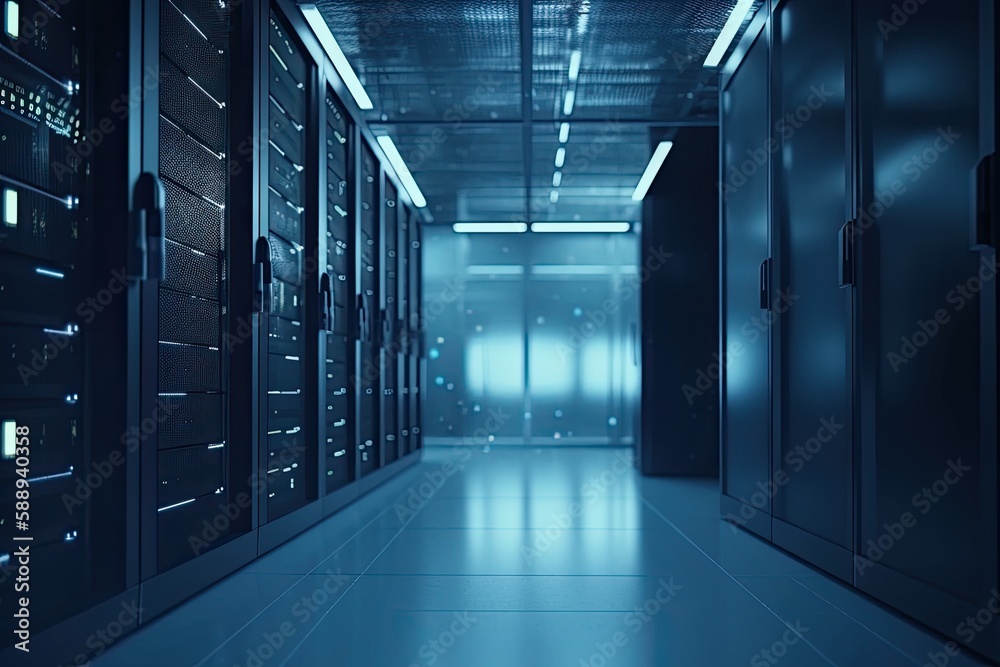 Data Center Hallway with Rows of Server. Generative AI Data Center Hallway with Rows of Server. Generative AI