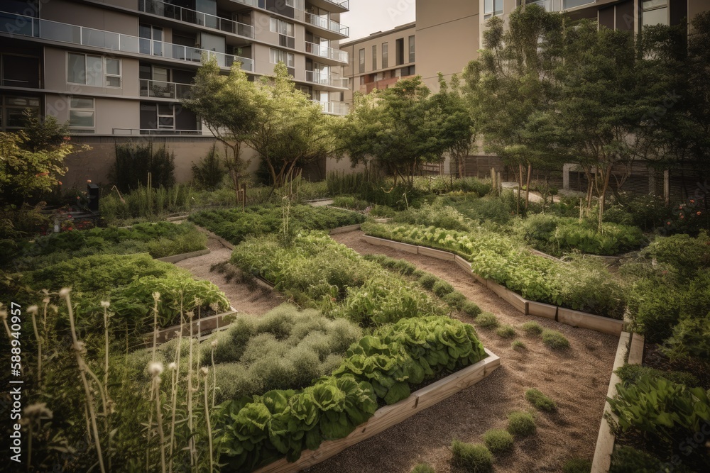 Organic vegetable garden in urban area with buildings, Generative AI
