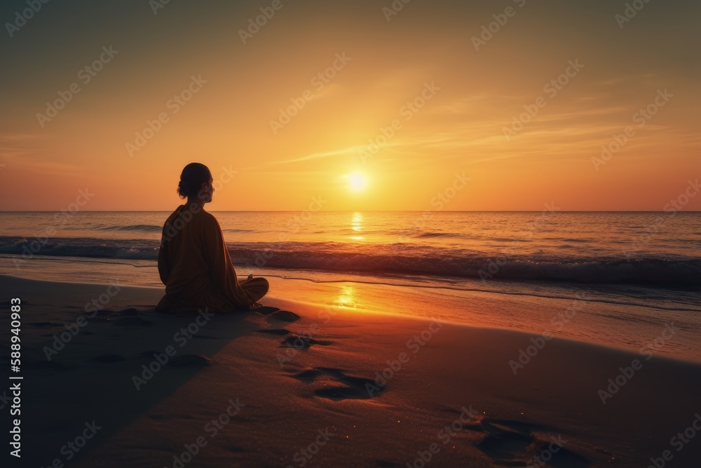Person meditating on the beach at sunset, Generative AI Person meditating on the beach at sunset, Generative AI
