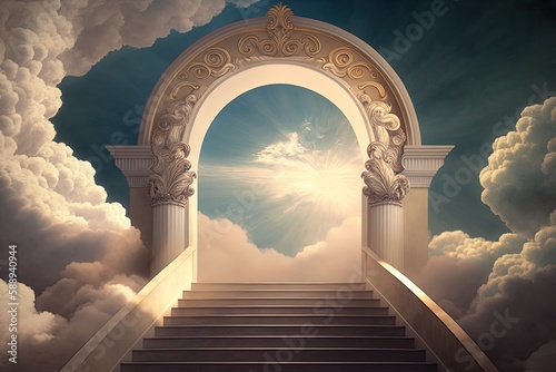 Stairway to the entrance to heaven, sky entrance background, Generative AI