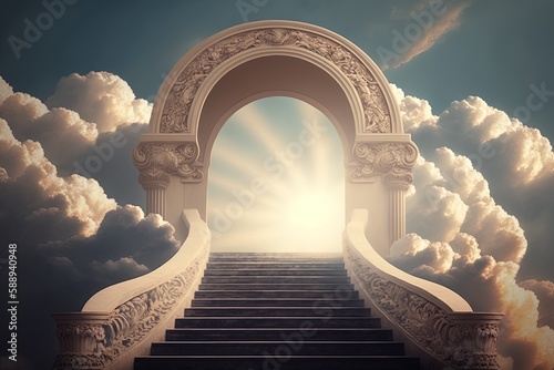 Stairway to the entrance to heaven, sky entrance background, Generative AI