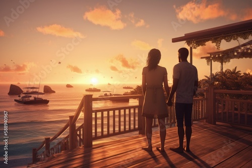 Couple watching sunset at tropical resort, couple on the beach, Generative AI