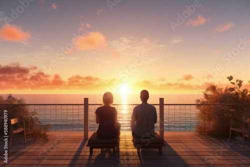 Couple watching sunset at tropical resort, couple on the beach, Generative AI