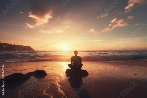 Person meditating on the beach at sunset, Generative AI