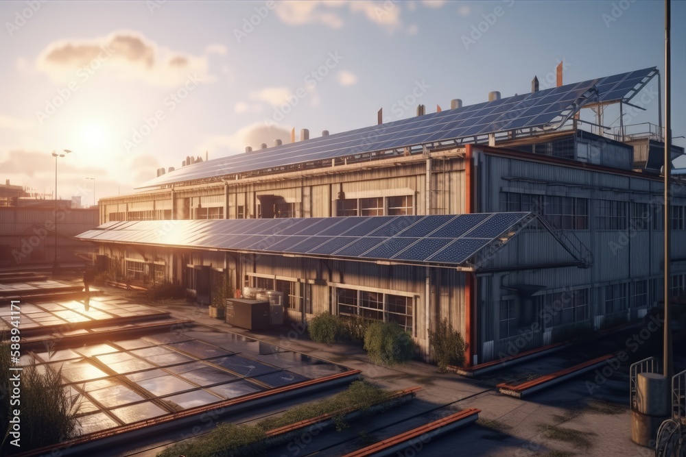 Factory with solar energy system, Industry with solar panels on the roof, Generative AI