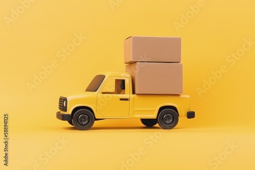 Carrier car with parcel boxes, Delivery car with packages, isolated on yellow background, Generative AI