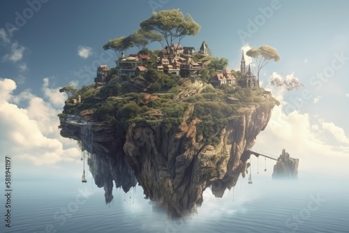 Flying island in the sky in fantasy world, Generative AI