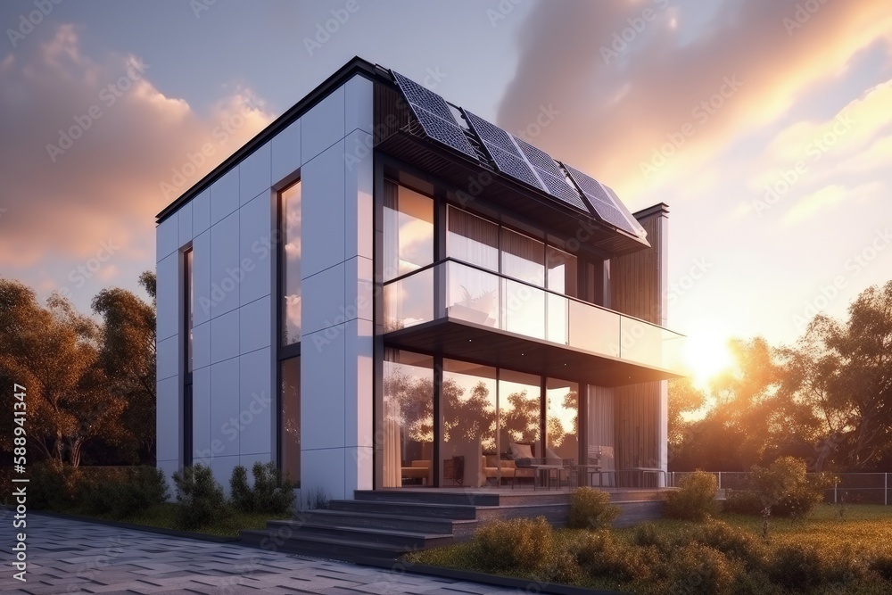 Modern house with photovoltaic solar panels on the roof, house with solar energy system, Generative AI