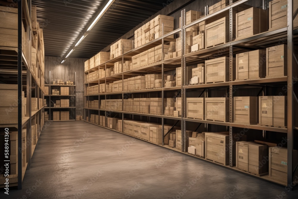Company logistic warehouse with shelves and boxes, cargo depot, Generative AI Company logistic warehouse with shelves and boxes, cargo depot, Generative AI