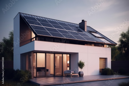 Modern house with photovoltaic solar panels on the roof, house with solar energy system, Generative AI © Kaleb