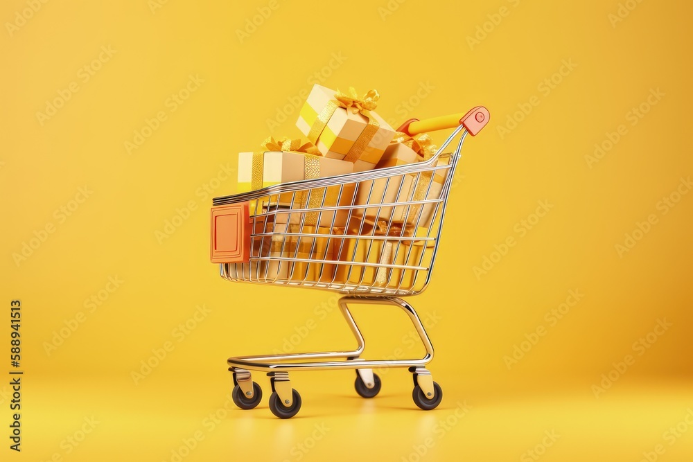 Shopping cart with gift boxes, isolated on yellow background, Generative AI