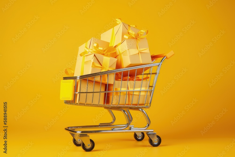 Shopping cart with gift boxes, isolated on yellow background, Generative AI Shopping cart with gift boxes, isolated on yellow background, Generative AI