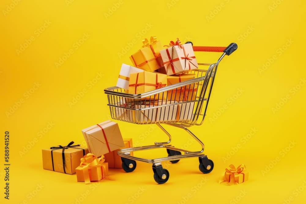 Shopping cart with gift boxes, isolated on yellow background, Generative AI Shopping cart with gift boxes, isolated on yellow background, Generative AI