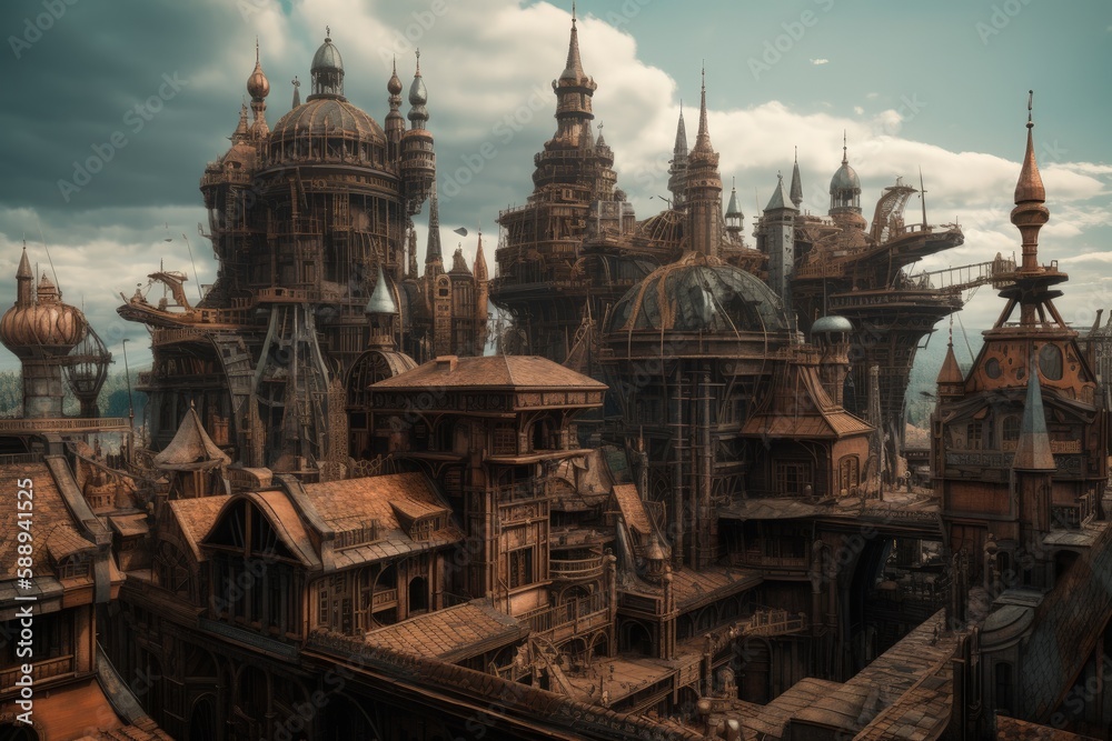 Steampunk style city with big metallic buildings, steampunk futuristic city background, Generative AI