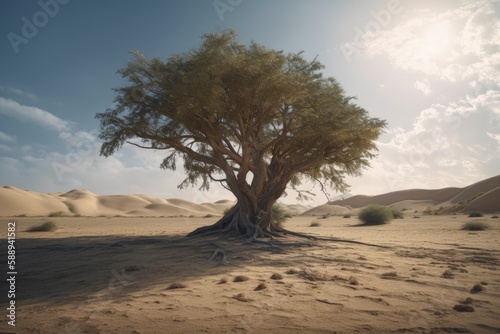 Big tree in the middle of the desert, desert tree landscape, Generative AI