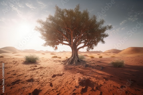 Big tree in the middle of the desert, desert tree landscape, Generative AI