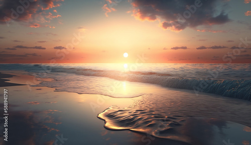 A sunset on the beach with a sunset in the background. Generative AI