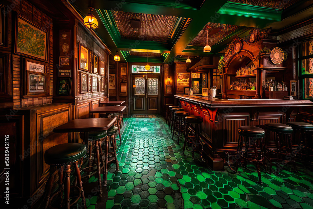Irish pub interior design, green hexagon tiled floor. Generative AI Irish pub interior design, green hexagon tiled floor. Generative AI