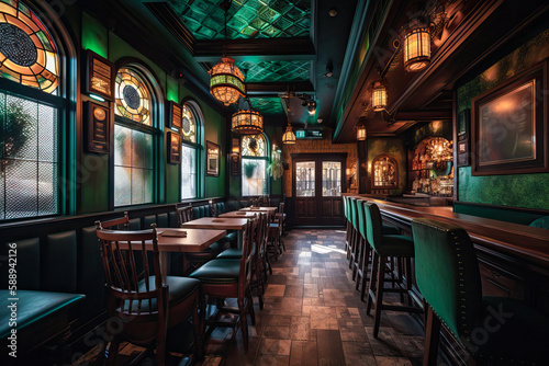 Irish pub interior design, green. Generative AI photo