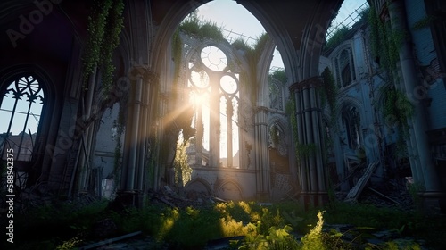 An old ruined gothic cathedral, AI generative romantic picturesque ruin