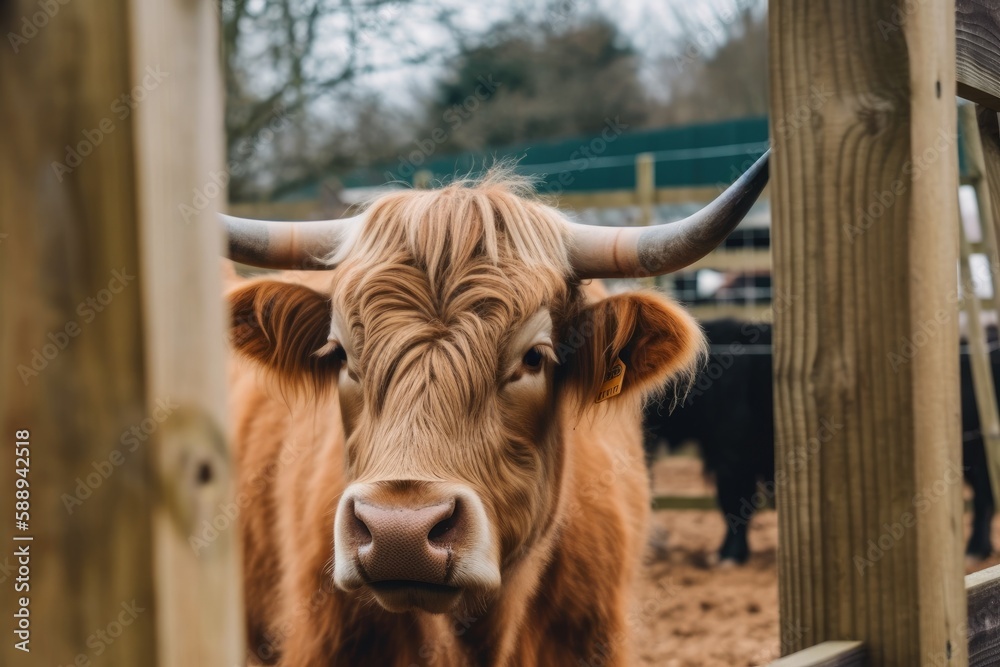 cow standing behind a wooden fence. Generative AI cow standing behind a wooden fence. Generative AI