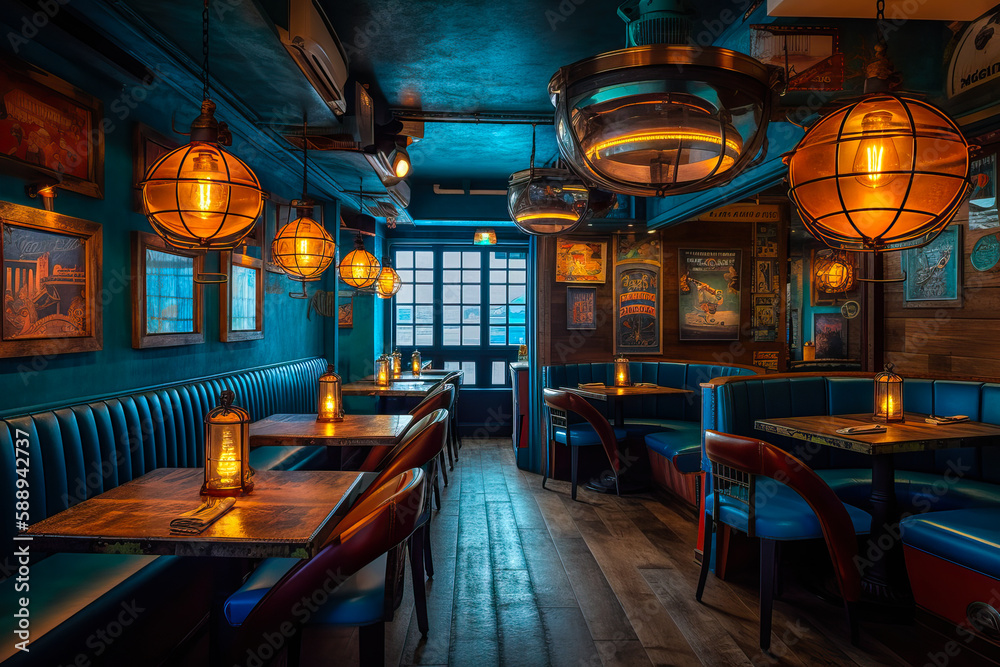 Nautical Themed Restaurant Interior Design Generative AI Stock the-meaning-and-symbolism-of-the-word-restaurant