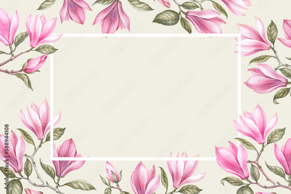 Pink watercolor frame. blossom elegant magnolia.