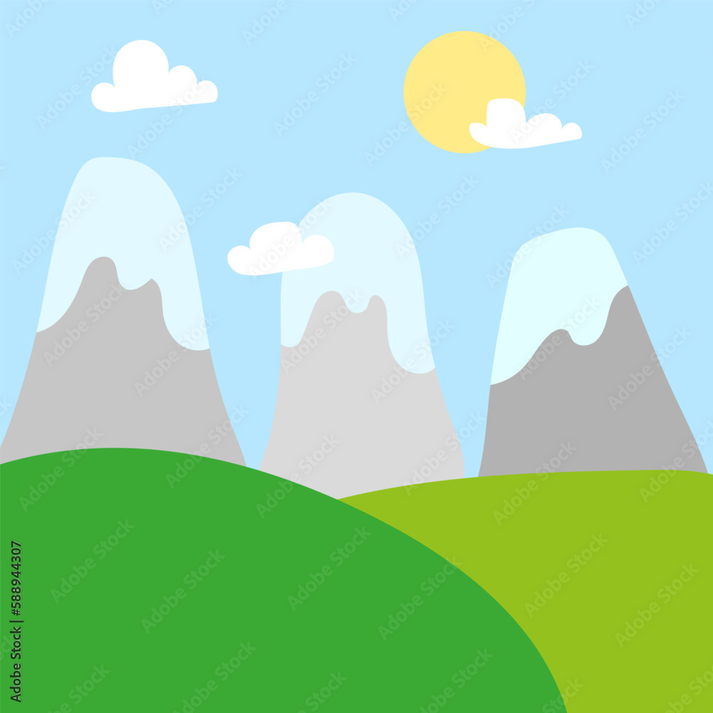 Cartoon mountains sun clouds. Space travel. Travel game background. Vector illustration.