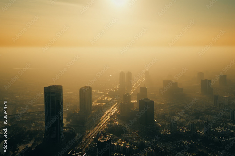 Photorealistic ai artwork of a city in thick smog and pollution at sunset. Generative ai.