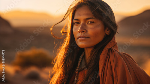 Obraz na płótnie Portrait of native american woman at sunset by generative AI