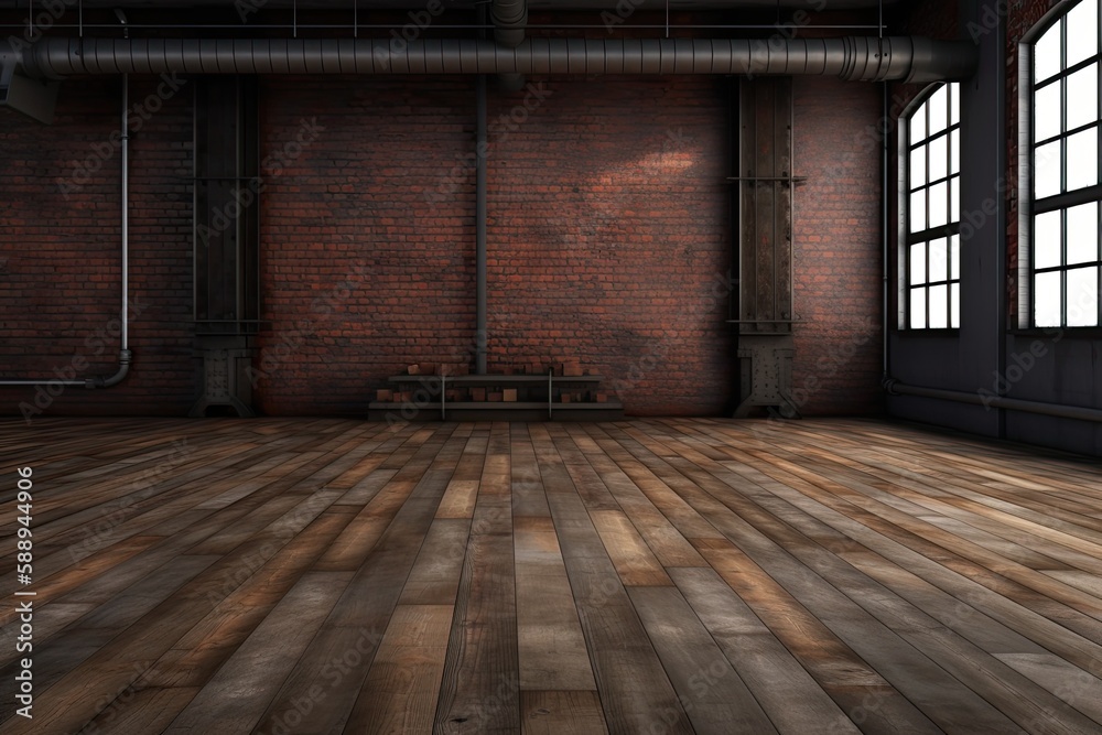 an empty room with rustic brick wall and warm wooden floors. Generative AI