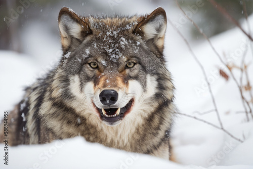 Photorealistic ai artwork of a portrait of a wolf in the snow. Generative ai.