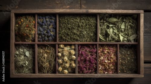 Healing herbs in wooden box on table. Herbal, medicinal ingredients.