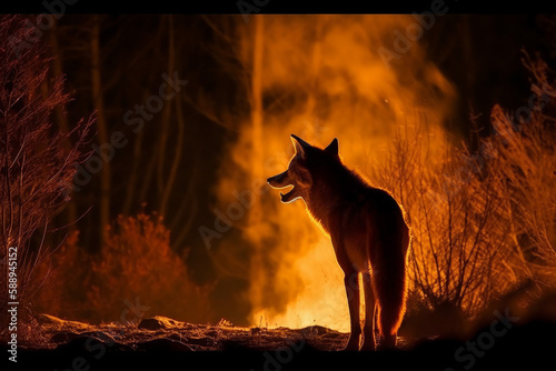 Photorealistic ai artwork of a wolf in the aftermath of a forest fire. Generative ai. © JG Marshall