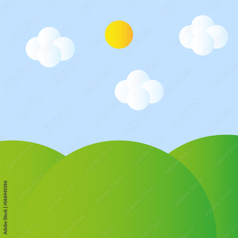 green cartoon meadow sun. Hills horizon. Vector illustration. green cartoon meadow sun. Hills horizon. Vector illustration.