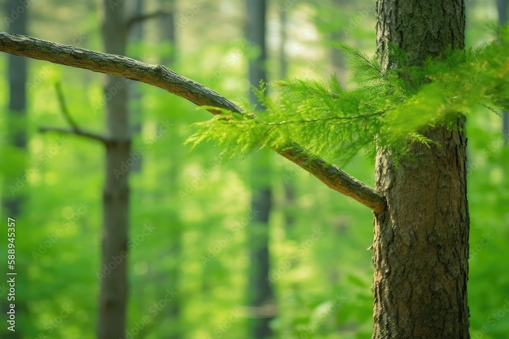 Obraz premium solitary tree branch amidst dense foliage in the heart of a forest. Generative AI