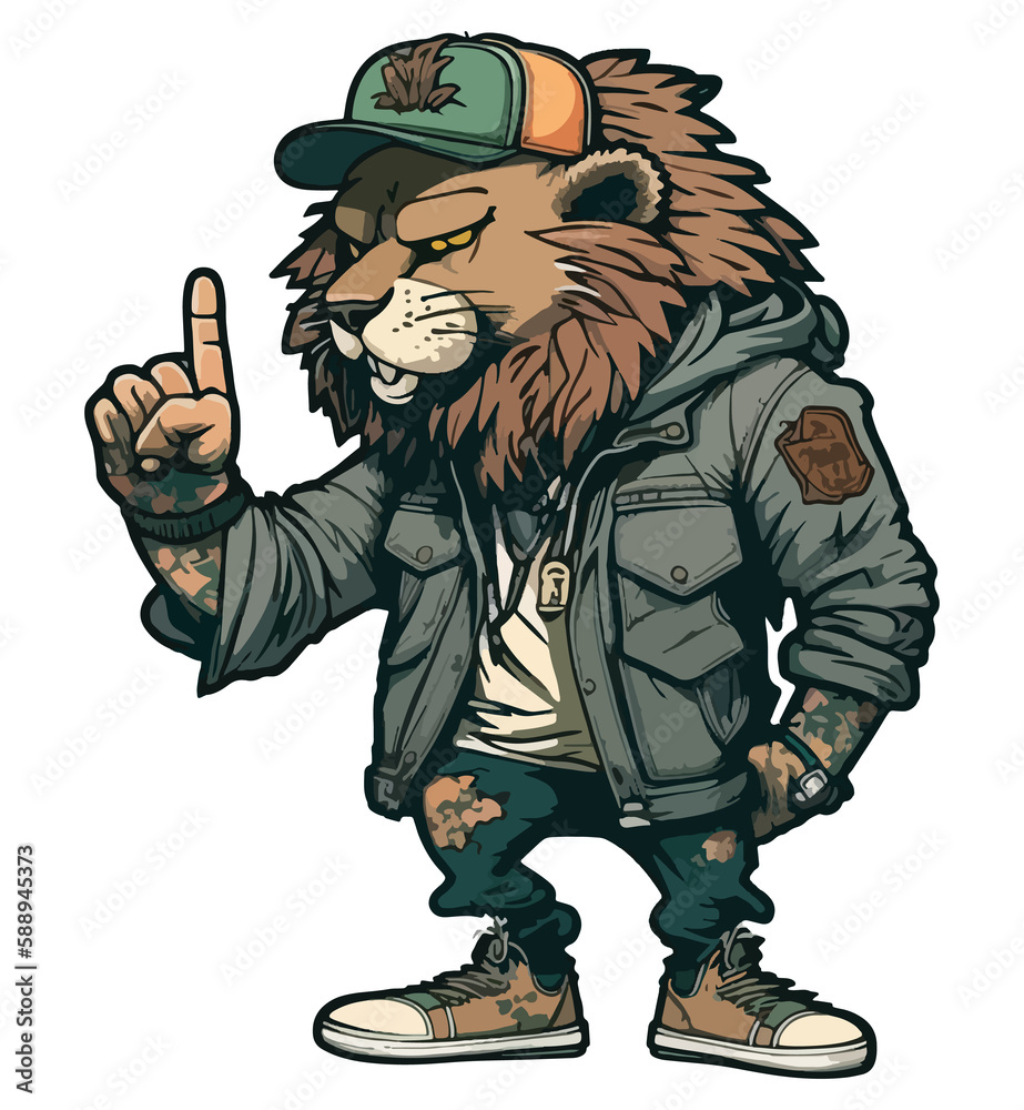 A cool lion wearing stylish outfit and standing in attitude